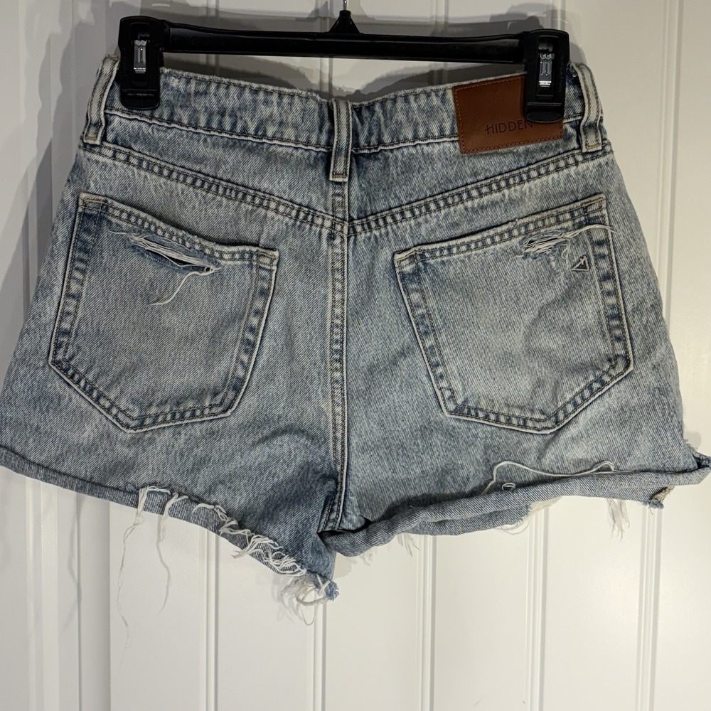 Hidden Jeans Distressed Denim Shorts Women's S High Rise Raw Hem Light Wash - Picture 3 of 5